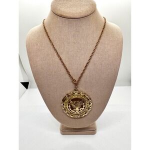 Vintage Royal Eagle Medallion Necklace Gold Tone Rhinestone Statement Pendant